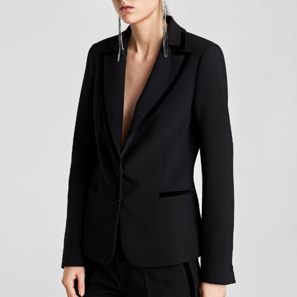 Zara blk velvet contrasting tuxedo collar blazer - Picture 1 of 6